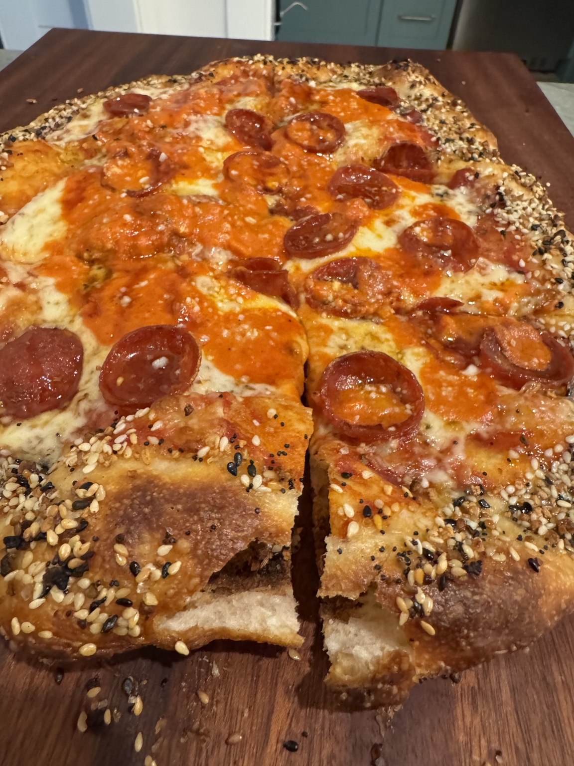 Greg’s pepperoni pizza with an everything-seasoned crust